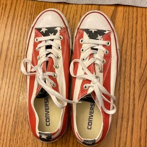 Red white and blue Converse tennis shoes